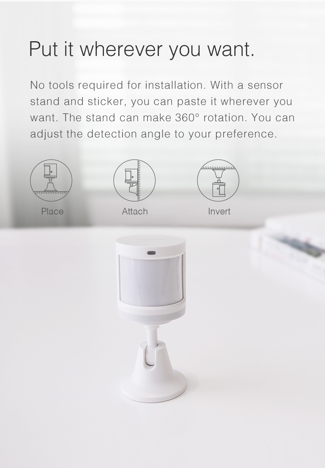 Indoor smart motion sensor with stand and sticker that you can put it anywhere